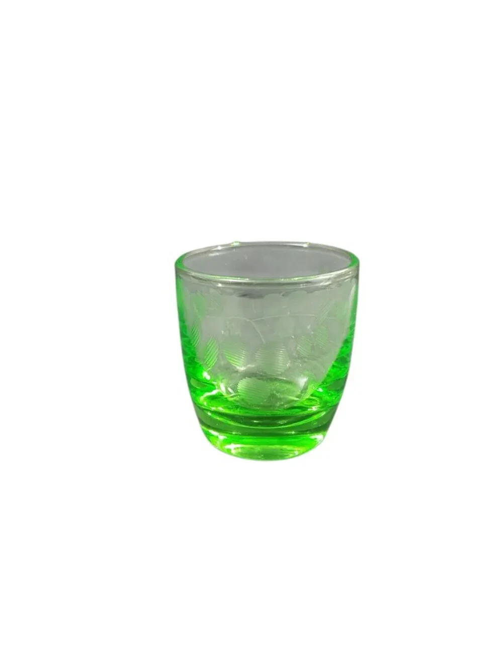 Vintage Uranium Vaseline Wheel Cut Etched Shot Glass Glows 2